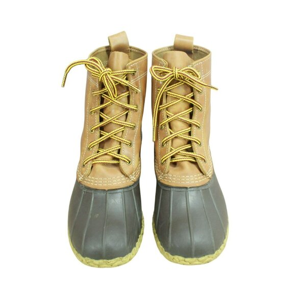 LL Bean Brown Leather 8" Lace Up Round Toe Unlined Ankle Duck Boots Size 7 Wide - Picture 5 of 10